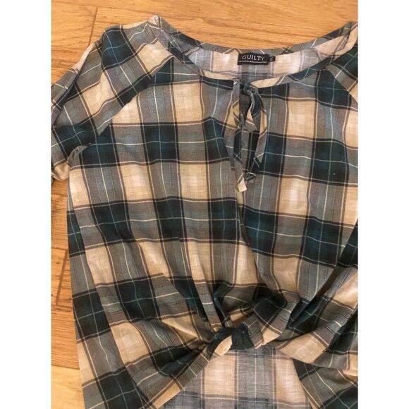Guilty women's green casual Plaid Tie-Front Top With 3/4 Sleeves size Large - Picture 4 of 9